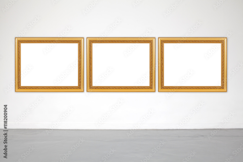 Classic frame on white cement wall in showroom and gallery. Classic frame on white cement wall in showroom and gallery.