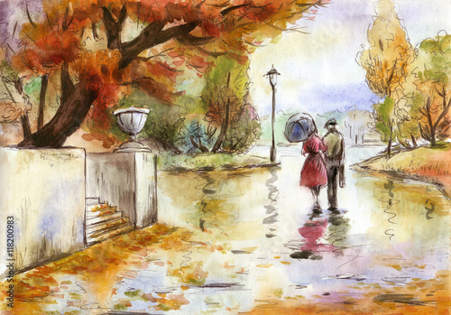 Fototapeta Naklejka Na Ścianę i Meble -  Watercolor hand drawn painting landscape with a couple in the autumn park