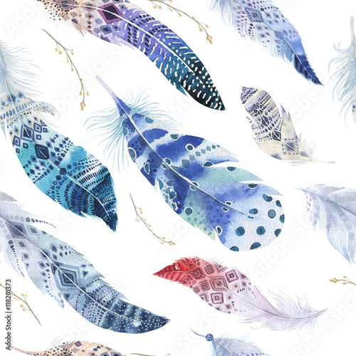 Feathers pattern. Watercolor elegant background. Watercolour col