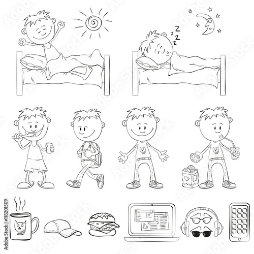 Boy draw the outline of a sketch style. The boy wakes up, sleeping in the bed. Boy brushing his teeth, comes with a backpack, drinking a cocktail with cookies. 