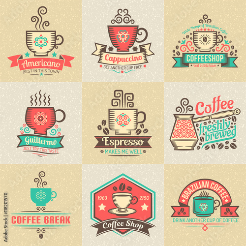  Logos with coffee cups, banners and ribbons.
