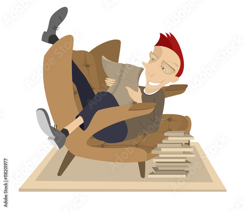 Smiling man is laying in the armchair and reading a book