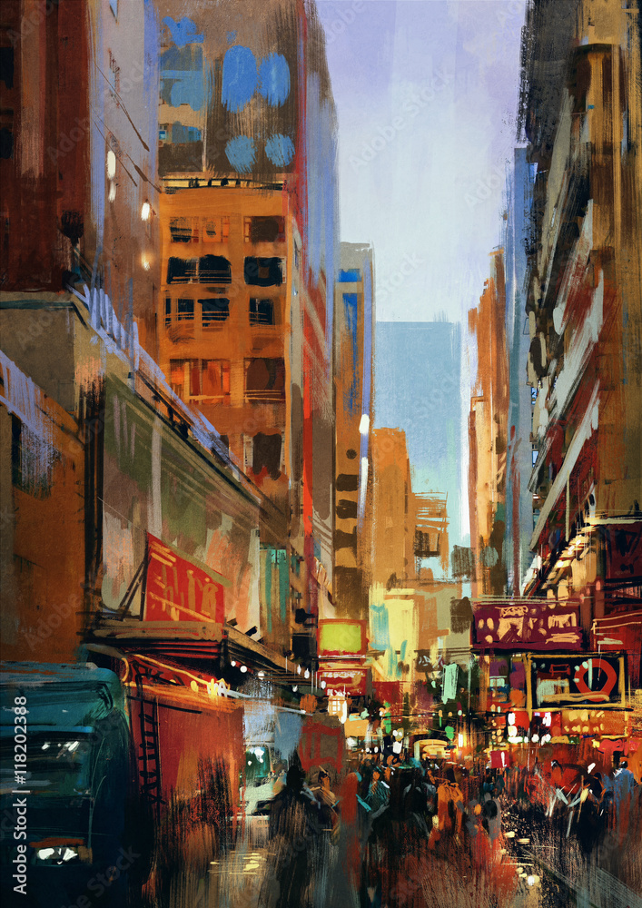 urban street with buildings, city alleyway,colorful painting,illustration