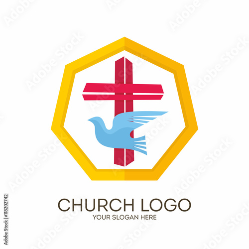 Church logo. Christian symbols. Jesus' cross and dove - the Holy Spirit.