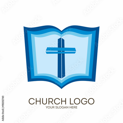 Church logo. Christian symbols. Jesus' cross and bible.