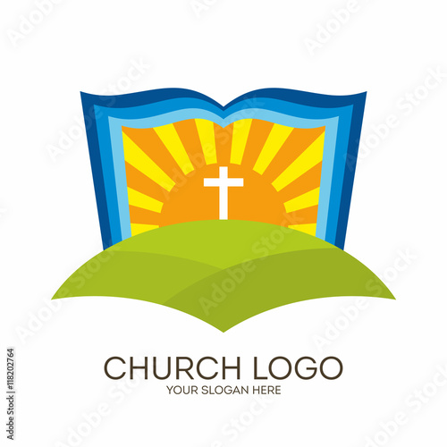 Church logo. Christian symbols. Bible, sun and cross.