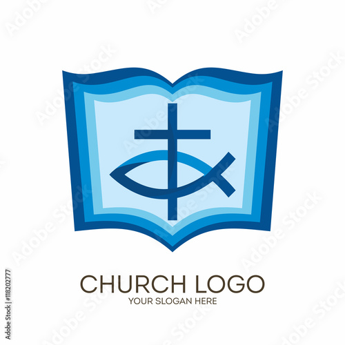 Church logo. Christian symbols. Bible, cross and Jesus fish.