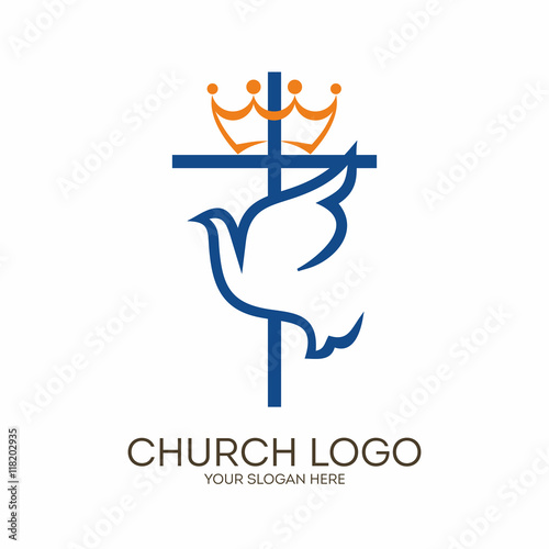 Church logo. Christian symbols. Cross and dove Holy Spirit.