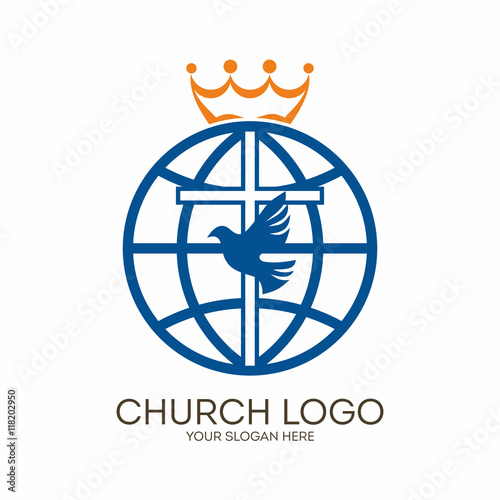 Church logo. Christian symbols. Cross, dove and globe.
