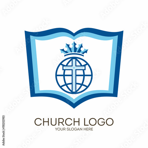Church logo. Christian symbols. Bible, cross and globe.