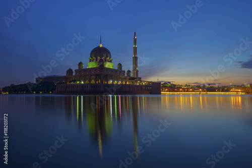 The view of Putra Mosque, which is one of two grand mosques in Putrajaya City, Malaysia during early morning.