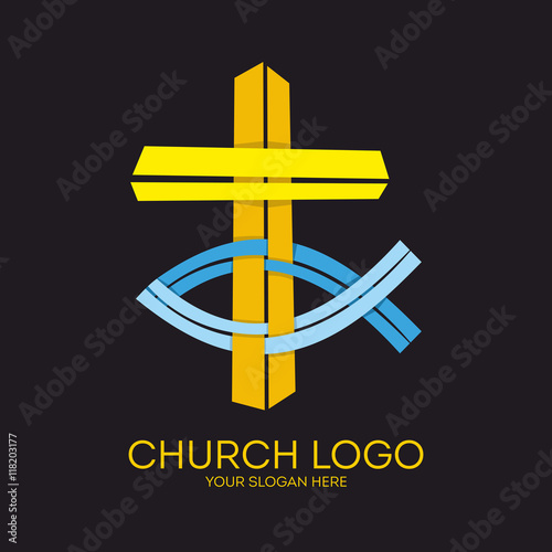 Church logo. Christian symbols. Cross and Jesus fish.