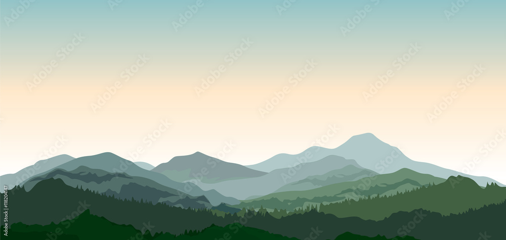 Obraz premium Krajobraz z górami. Tło natura. Wektor widok wsi z lasu, pola i wzgórza