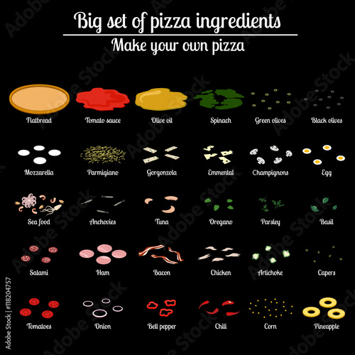 Big set of ingredients for pizza. Vector illustration builder. Isolated infographic elements on black background