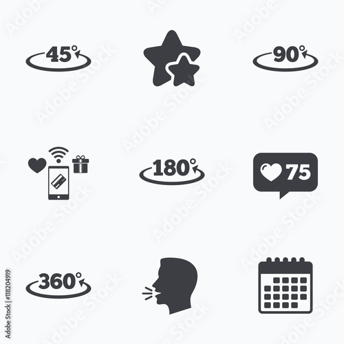 Angle degrees icons. Geometry math signs.