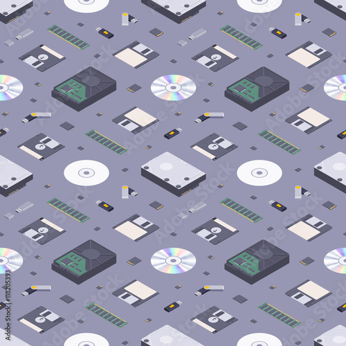 Isometric flat digital memory storages seamless pattern against the dark-purple background
