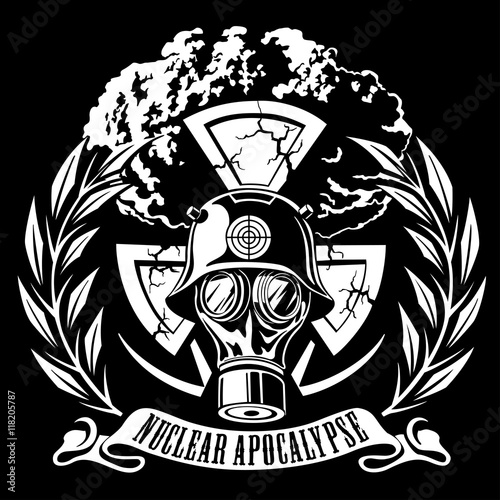 person in a gas mask  atomic explosion, wreath, vector ill