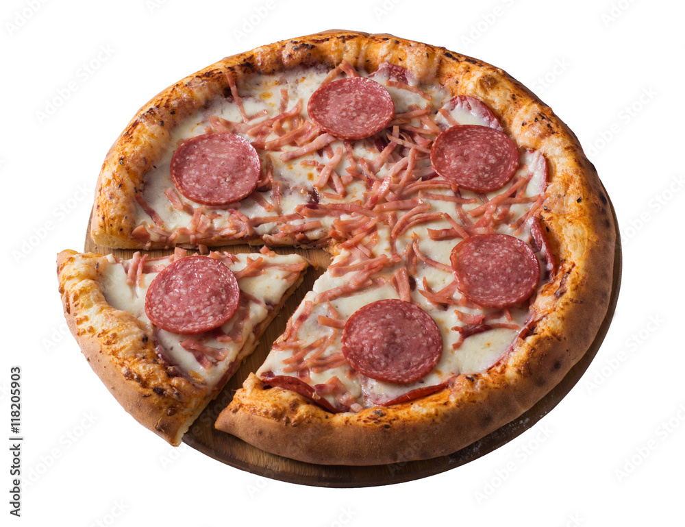 Tasty pizza with ham and salami, isolated Tasty pizza with ham and salami, isolated