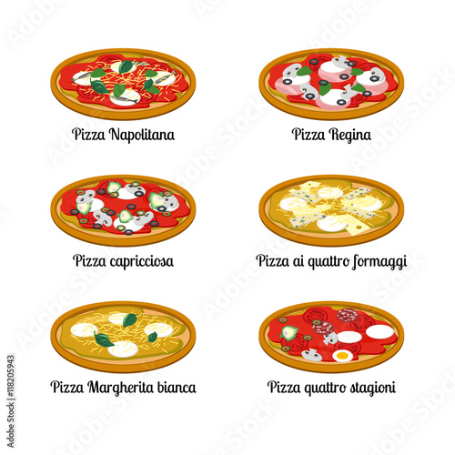 Set of sort of pizza with different ingredients. Vector flat illustration on white background