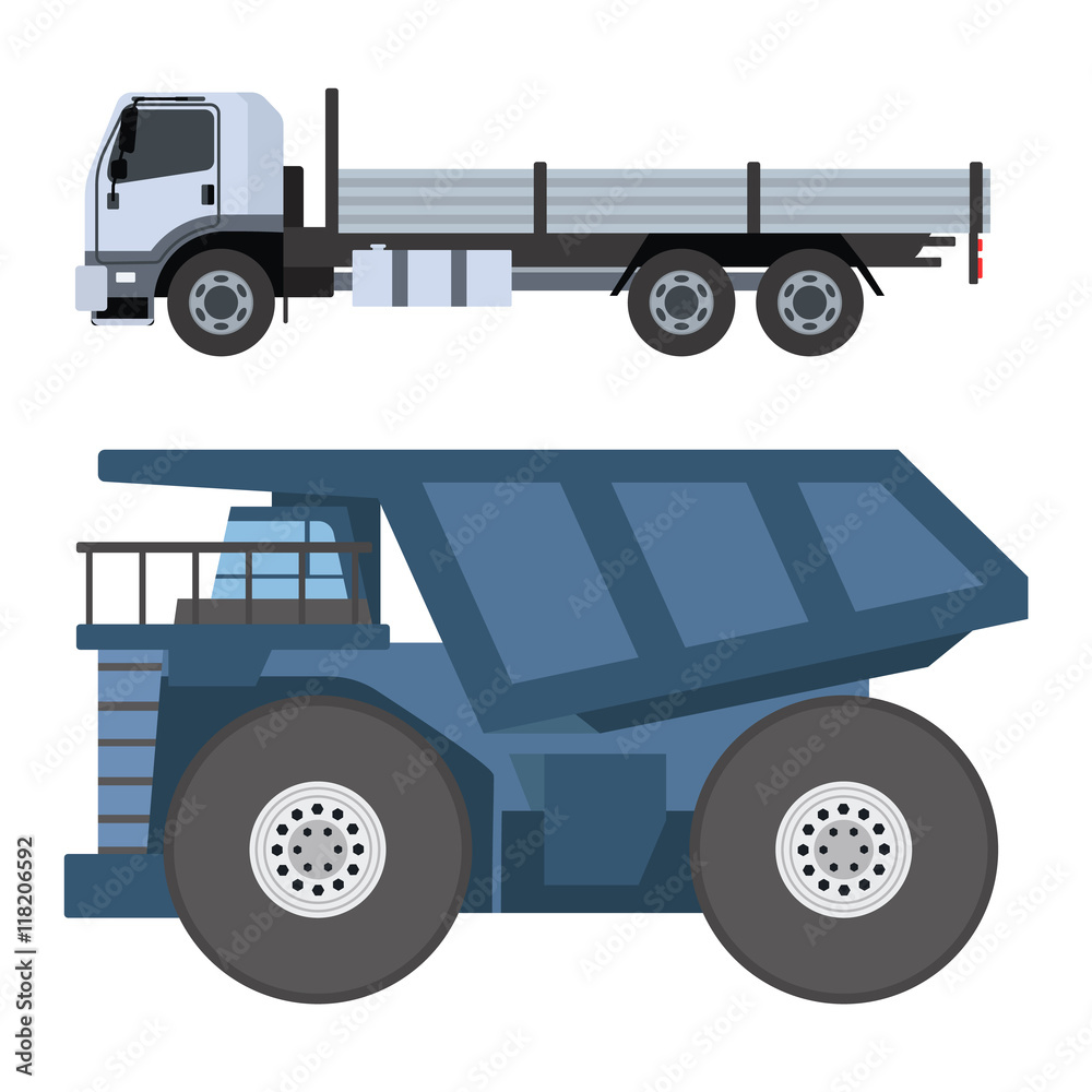 Trucks icons vector shipping cars vehicles cargo transportation by road. Delivery vehicle car shipping trucks and rail car with forklifts. Flat style icons trailer lorry traffic illustration.