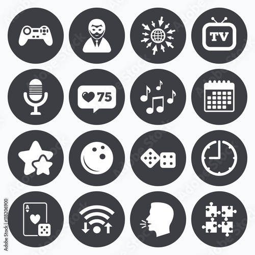 Entertainment icons. Game, bowling and puzzle.