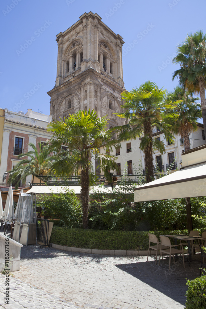 Square with Granada Cathedral tower, Spain