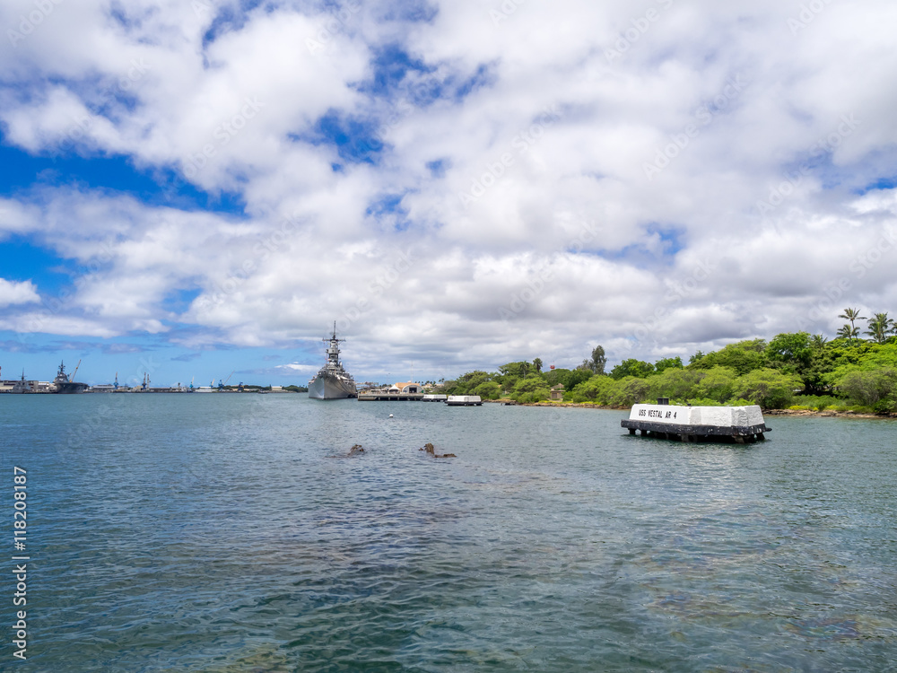 The USS Missouri battleship in Pearl Harbor, USA.