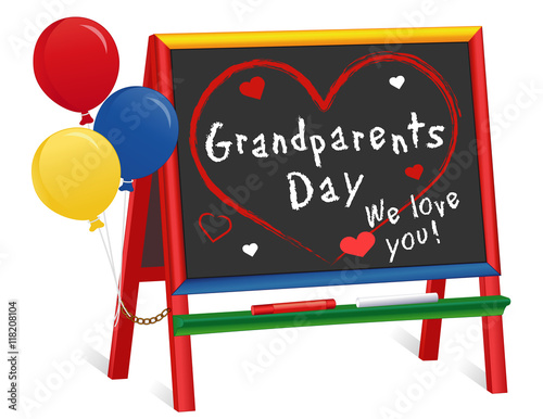 Grandparents Day, We love You!  USA holiday 1st Sunday of September following Labor Day, balloons, wood chalkboard easel for children, for daycare, nursery school, kindergarten.