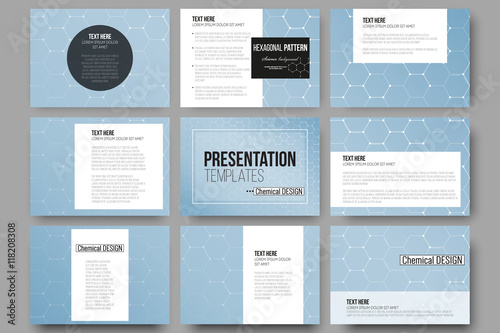 Set of 9 templates for presentation slides. Chemistry pattern, hexagonal design vector illustration
