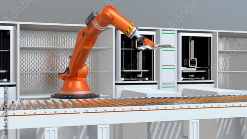 3D printers and robotic arms in production line. Concept for smart factory.