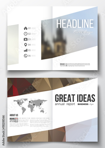 Set of business templates for brochure, magazine, flyer, booklet or annual report. Polygonal background, blurred image, urban landscape, Prague cityscape, modern triangular texture