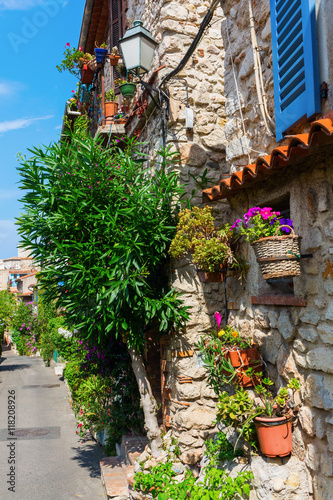 alley with entwined houses in Antibes, France