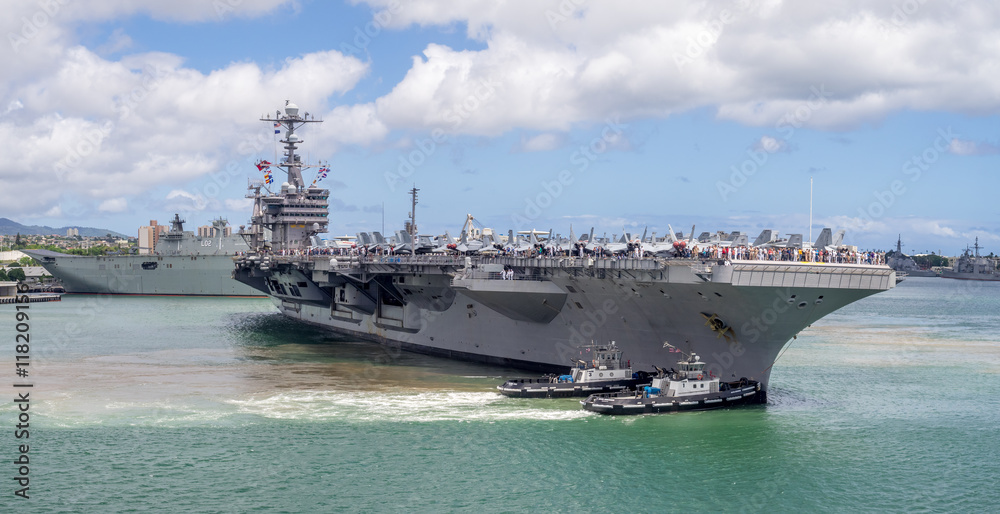 The USS John C. Stennis  in Pearl Harbor, USA. The John C. Stennis is a Nimitz class nuclear powered aircraft carrier