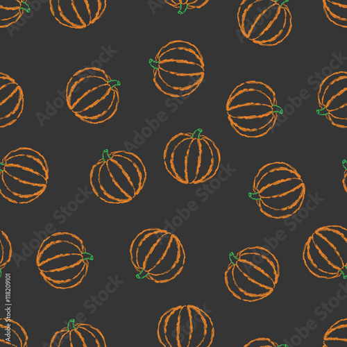 Vector seamless pattern hand drawn brush line chalk color pumpkin on black background