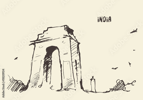 Sketch India Gate New Delhi Vector illustration.