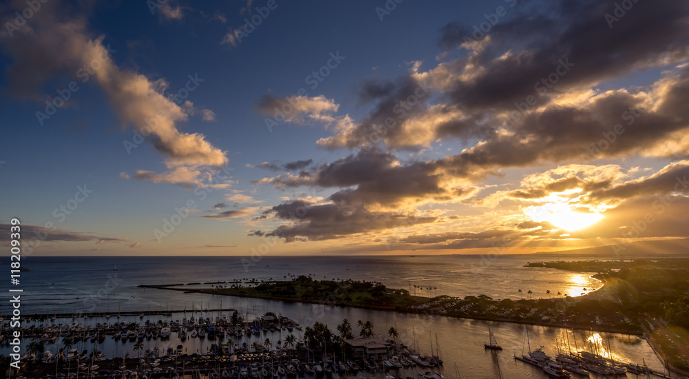Panoramic view of the Ala Moana Beach Park and Magic Island Lagoon in Honolulu, Hawaii.