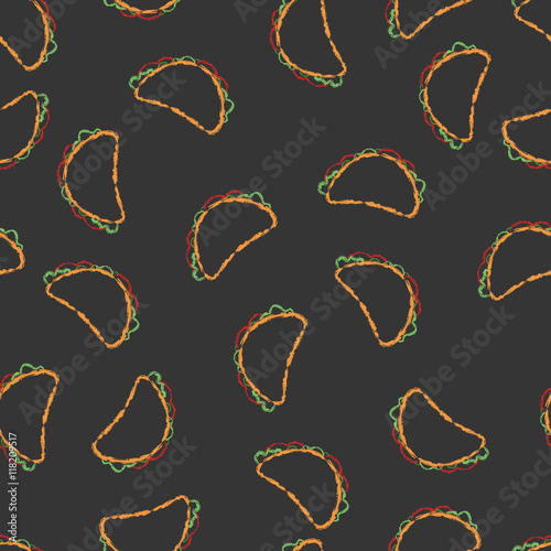 Vector seamless pattern hand drawn brush line chalk color taco on black background