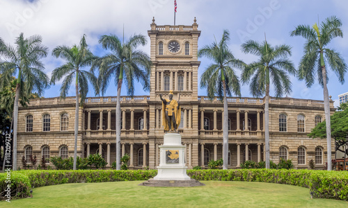 King Kamehameha I Statue in front of Ali iolani Hale  the Hawaii Supreme Court Building on King Street in Honolulu.