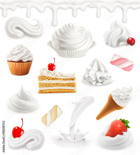 Whipped cream, milk, ice cream, cake, cupcake, candy. Sweet 3d vector icon set