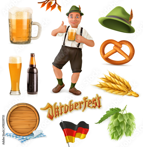 Munich Beer Festival Oktoberfest. Funny cartoon characters and objects. Vector icon set