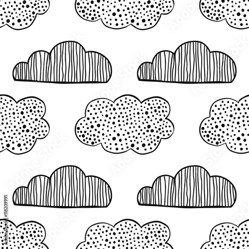 Black and white seamless pattern with decorative clouds for coloring.