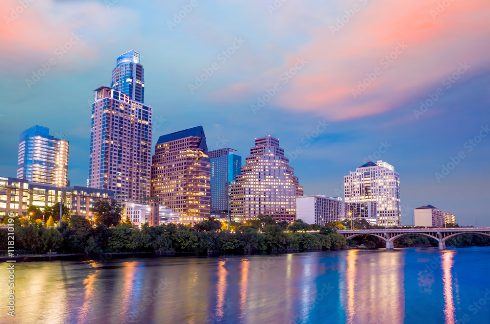 Beautiful Austin skyline reflection at twilight
