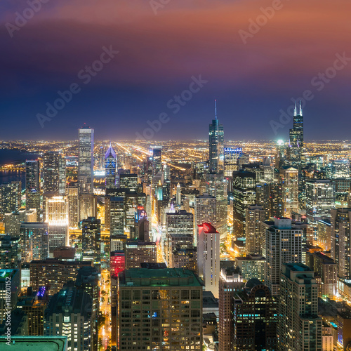 Aerial view of Chicago downtown skyline at sunset