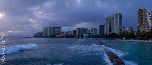 Waikiki beach in Honolulu Hawaii at sunset. © Jeff Whyte