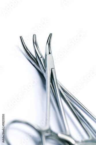 Closeup Head of Hemostatic Forceps or Locking Forceps use for Surgical in Hospital. photo