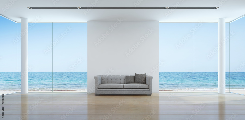 Sea view living room interior in modern beach house - 3D rendering - obrazy, fototapety, plakaty 