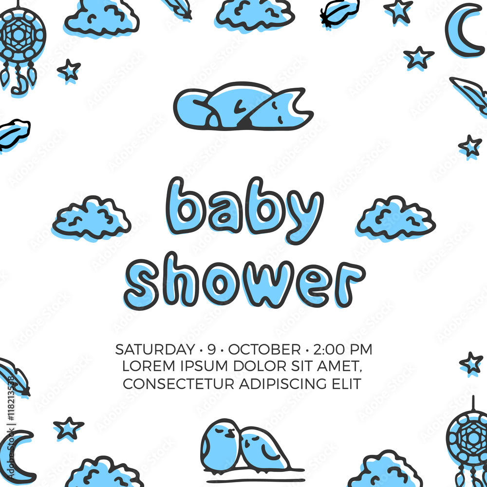 Baby shower vector template with cute sleeping fox and a couple of birds. Doodle illustrations and lettering