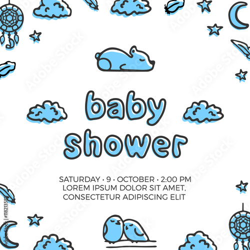 Baby shower vector template with cute sleeping bear and a couple of birds. Doodle illustrations and lettering