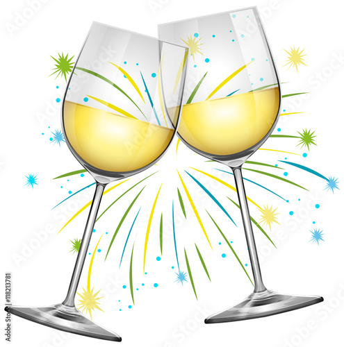 Two wine glasses and firework background