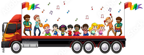 Children singing and dancing on the truck